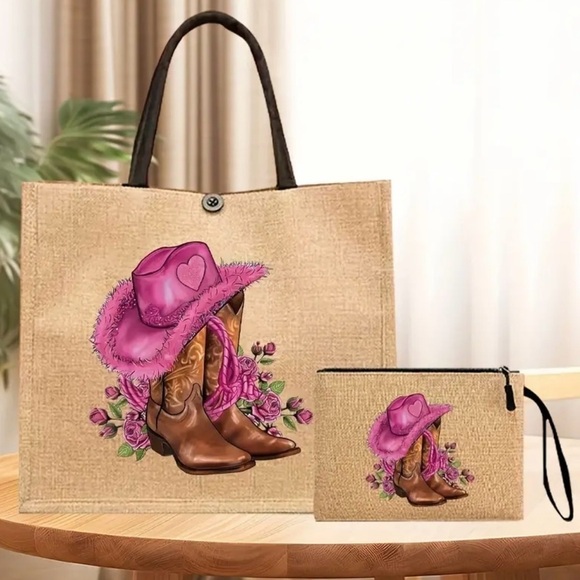 Pink Cowboy Boots & Hat Tote Bag NWT - Picture 4 of 10